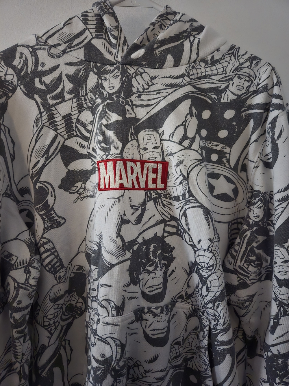 Marvel Black & White Comic Panel Hoodie with Red Logo Tag